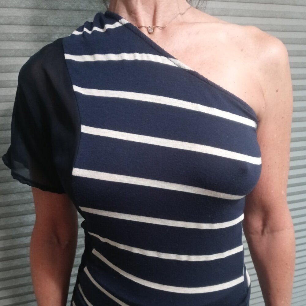 Blue striped one-shoulder blouse